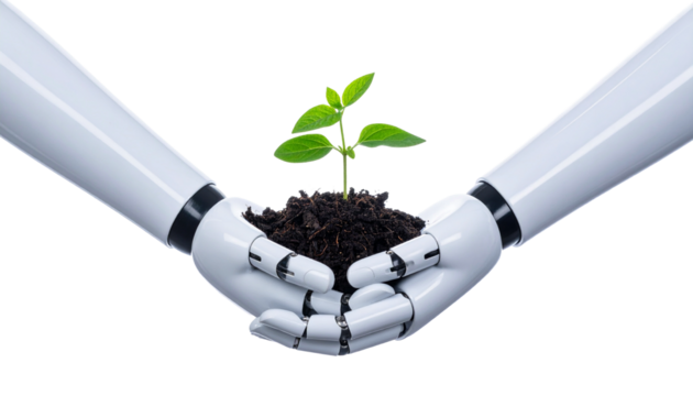 A robotic hand gently cradles a young plant with green leaves, symbolizing technology's role in nurturing growth