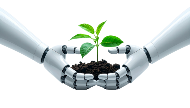 Robotic hands gently cradle a growing plant, symbolizing the blend of technology and nature and artificial and natural. The plant's vibrant green leaves against the robotic arm, holding earth
