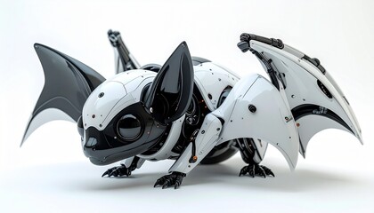 An adorable robotic bat with a mix of white and black colors, captured from a low-angle perspective. The image showcases the details of its wings and mechanical components.