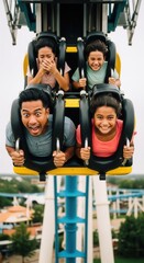 Family showing mixed emotions on a thrilling roller coaster ride