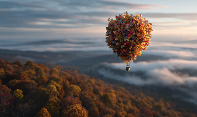 beautiful balloon made of colorful autumn leaves flies over a beautiful autumn landscape at sunrise
