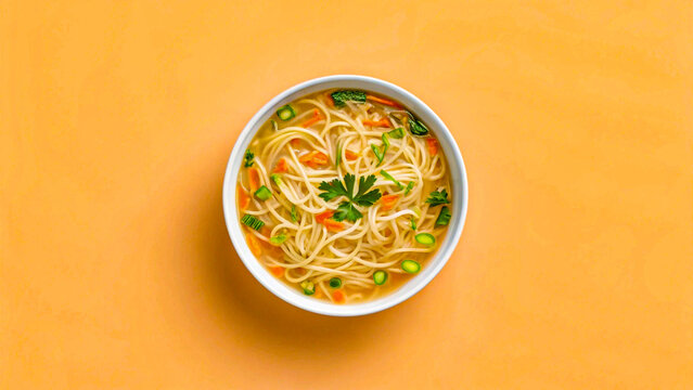 Bowl of noodle soup with vegetables on orange table