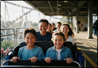Happy Asian family enjoying a roller coaster ride at amusement park