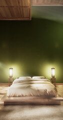 green design on bed room japanese deisgn with wooden floor. 3D rendering