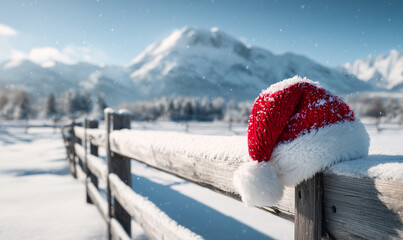 Fluffy Santa Hat on a Snowy Wooden Fence