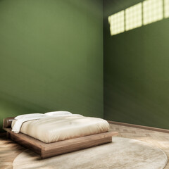 green design on bed room japanese deisgn with wooden floor. 3D rendering