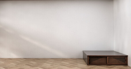 Cabinet wooden japanese design on living room zen style empty wall background.3D rendering