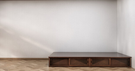 Cabinet wooden japanese design on living room zen style empty wall background.3D rendering