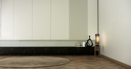 Cabinet wooden japanese design on living room zen style empty wall background.3D rendering