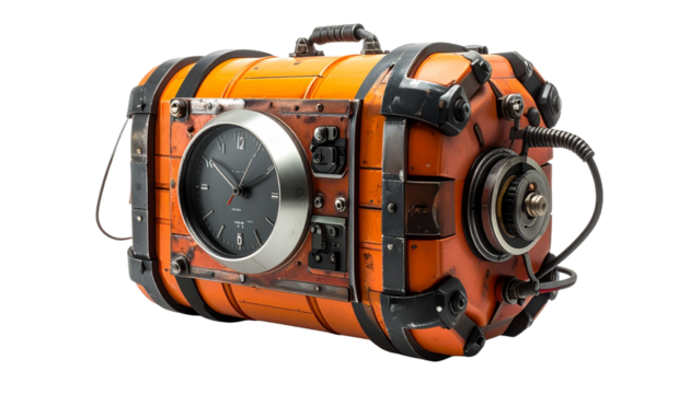 An orange retro-style bomb-shaped clock with intricate mechanical details. The clock features a round face with the time clearly displayed
