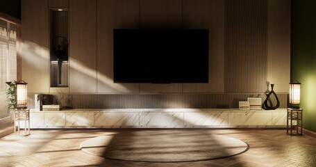 Cabinet wooden japanese design on living room zen style empty wall background.3D rendering