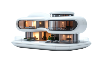 A modern architectural marvel, a luxurious home with sleek design and inviting interiors. The structure features rounded contours, ample glass, and a sense of spaciousness.