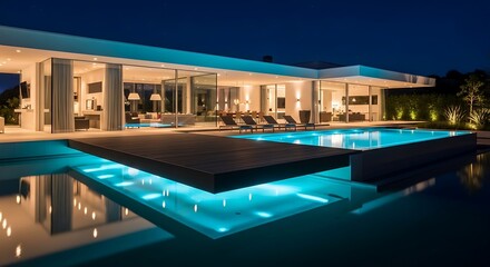Luxury modern villa with swimming pool at night showcase contemporary design