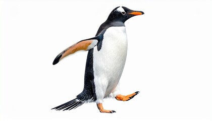 Obraz premium Penguin bird with black and white body orange beak short wings and aquatic walking stance isolated on white background 
