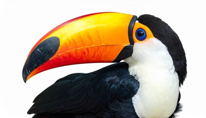 Toucan bird with oversized colorful beak glossy black feathers and white chest exotic tropical bird isolated on white background

