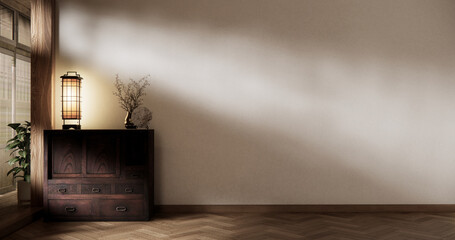Cabinet wooden japanese design on living room zen style empty wall background.3D rendering