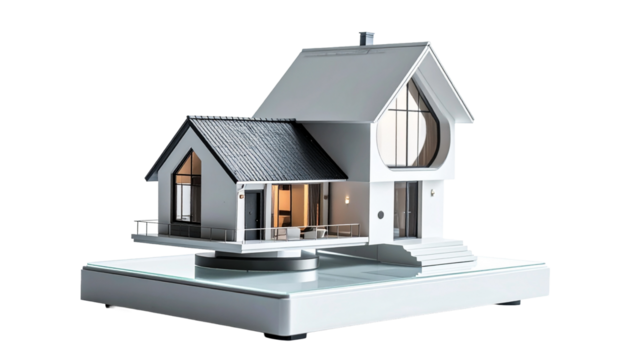 An architect's model of a modern house with detailed design, showcasing the exterior and interior elements