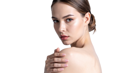 A portrait of a woman with beautiful skin and a delicate touch, turned towards the camera