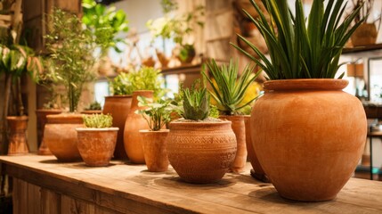 Fototapeta premium Rows of beautifully arranged potted plants in a vibrant indoor environment highlight natural textures and colors. Each pot varies in shape and size, creating an inviting atmosphere.