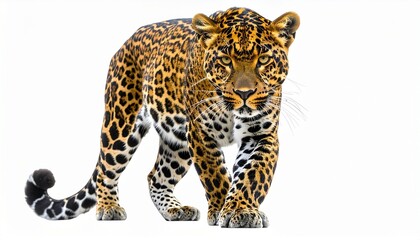 Obraz premium Leopard with golden coat black rosette spots stealthy muscular body and wild predator cat appearance isolated on white background 
