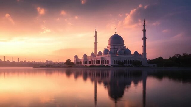 Sunset light bathes a grand mosque by the water, with domes and minarets reflecting softly, perfect for travel, faith, and architecture themes.
