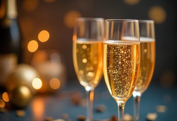 Close-up of champagne flutes filled with sparkling wine, set against a backdrop of a New Year's Eve party with gold and silver decorations, confetti falling, warm lighting