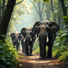 Elephant herd migration through dense jungle