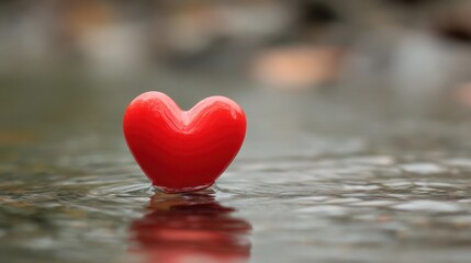 Fototapeta premium A vibrant red heart-shaped object floats gracefully on the surface of calm water, creating gentle ripples. This peaceful scene evokes feelings of love and tranquility in a natural setting.