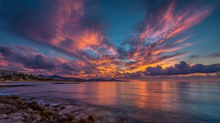 Fototapeta premium A stunning sunset paints the sky with vibrant colors, reflecting on the calm ocean waters. Silhouettes of distant mountains and rocky shoreline add to the serene atmosphere.