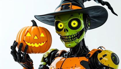 A Halloween-themed robot with a pumpkin, wearing a witch hat, embodies festive spirit. Its glowing eyes and pumpkin carving reveal a unique celebration