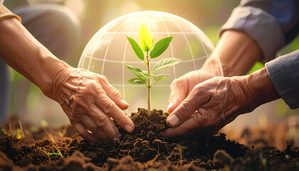 Two generations planting a young sapling in fertile soil under a protective globe, symbolizing a green future and environmental conservation