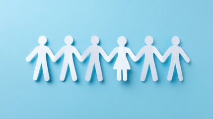 Diverse Paper Cutout Figures Holding Hands Together on a Light Blue Background, Representing Unity, Community, and Inclusion in Society