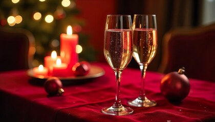 Champagne glasses filled with sparkling wine, placed on a table covered with a red velvet tablecloth, surrounded by Christmas candles and ornaments, in a dimly lit room with a romantic atmosphere.