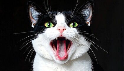 Black and white cat with open mouth