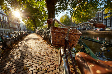 Brown bike basket shows rustic style, sunlight on canal city street. Bike rentals, travel social media, or European tourism promo video background.