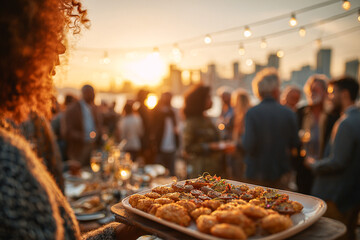 Golden hour event features appetizers with blurred background, perfect for lifestyle photography or social media.