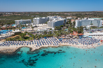 Drone view of famous Nissi beach in Ayia Napa tourist resort, Cyprus