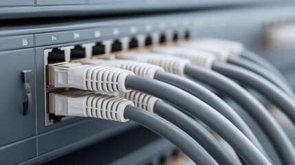 Close-up View of Ethernet Cables Connected to Network Switch in Data Center for High-Speed Internet Connectivity and Network Infrastructure Management