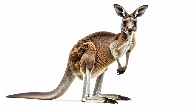 Kangaroo with strong hind legs muscular tail short fur and upright hopping wild mammal appearance isolated on white background
