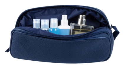 A navy blue toiletry bag containing various bottles and a perfume, showcasing a compact and organized design suitable for travel.