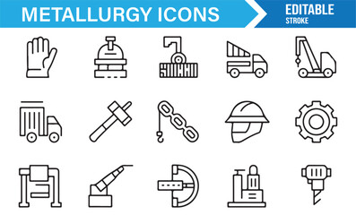 Fototapeta premium Vector metallurgy icons – factory, hammer, gear, drill, helmet, truck, and industry equipment line illustrations
