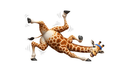 Obraz premium Cartoon giraffe lies on its back wearing a blue cap isolated PNG with Transparent Background