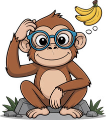 Naklejka premium Cartoon Monkey with Glasses, Thinking About Bananas on Stone
