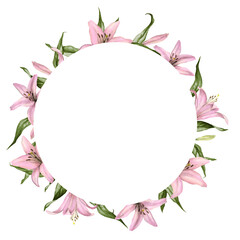 A circular watercolor frame of soft pink lilies and green leaves with a white center for text. Features delicate, painted textures and organic floral forms. Ideal for postcard and invitations.