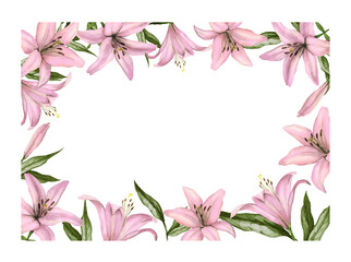 A watercolor rectangular frame of delicate pink lilies and green leaves, against a white background. Hand drawn border  for elegant wedding invitation or greeting card