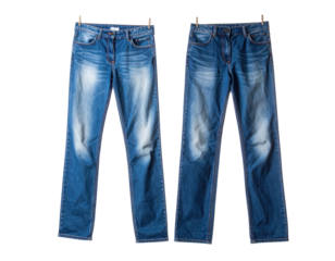 A pair of blue jeans showcasing a faded design, hanging by their waistband, highlighting their casual and stylish appearance.