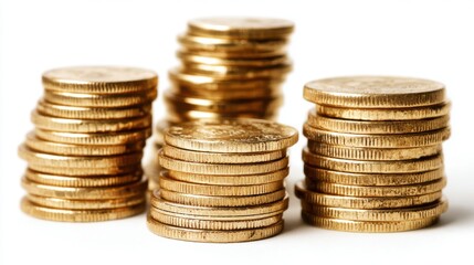 Piles of gold coins are neatly arranged on a white surface, showcasing their bright luster and detailed edges. The coins vary in height, creating an appealing visual arrangement.