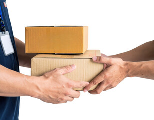 Two hands exchanging cardboard boxes, symbolizing delivery and logistics between a sender and recipient.