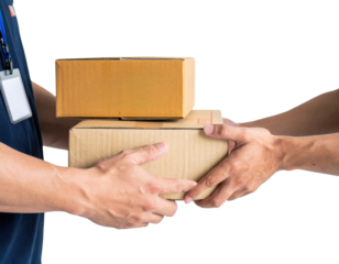Two hands exchanging cardboard boxes, symbolizing delivery and logistics between a sender and recipient.