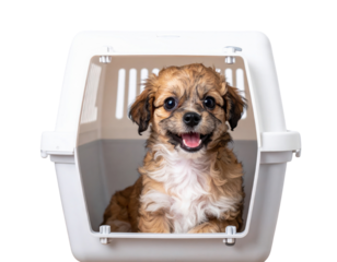 A small, happy puppy sits inside a pet carrier, showcasing its playful demeanor and fluffy coat.